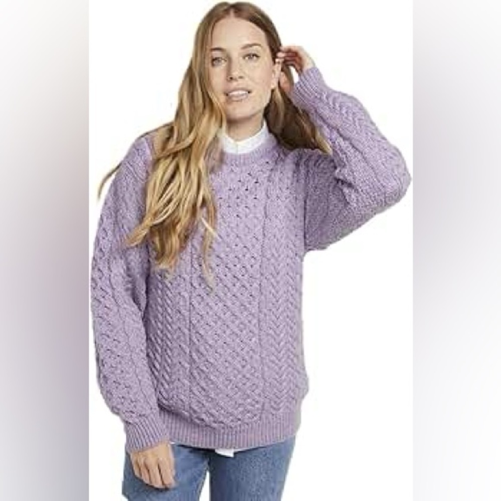 Carraig Donn Aran Knit Pure New Wool Sweater Made In Ireland